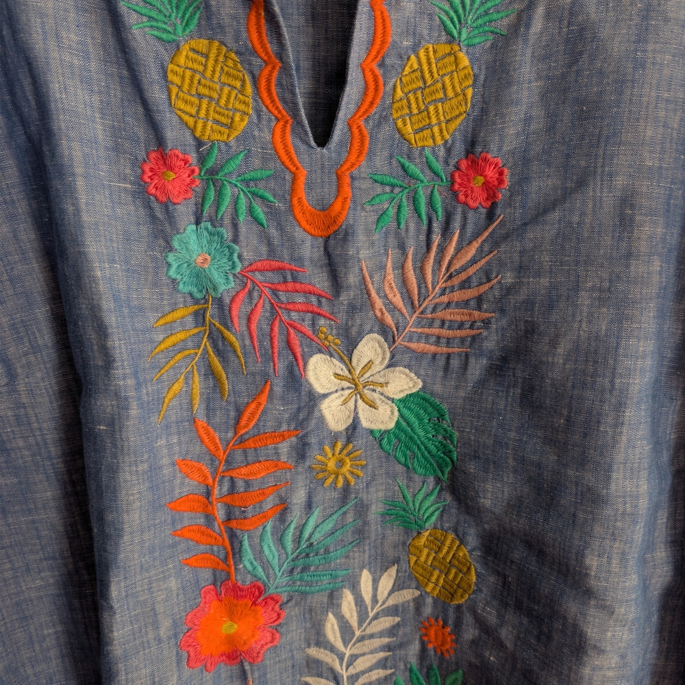 Talbots Blue Chambray Tropical Embroidered Blouse - Picture 4 of 7